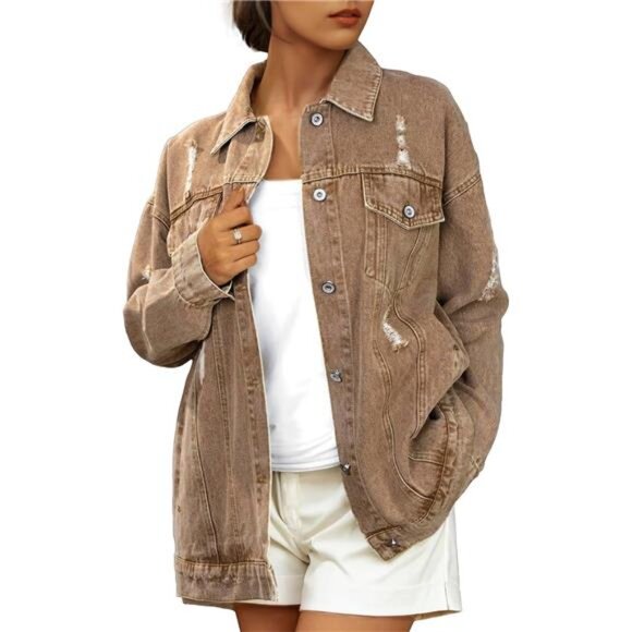 Womens Jean Shacket Denim Jacket Distressed Oversized Ripped Long Boyfriend